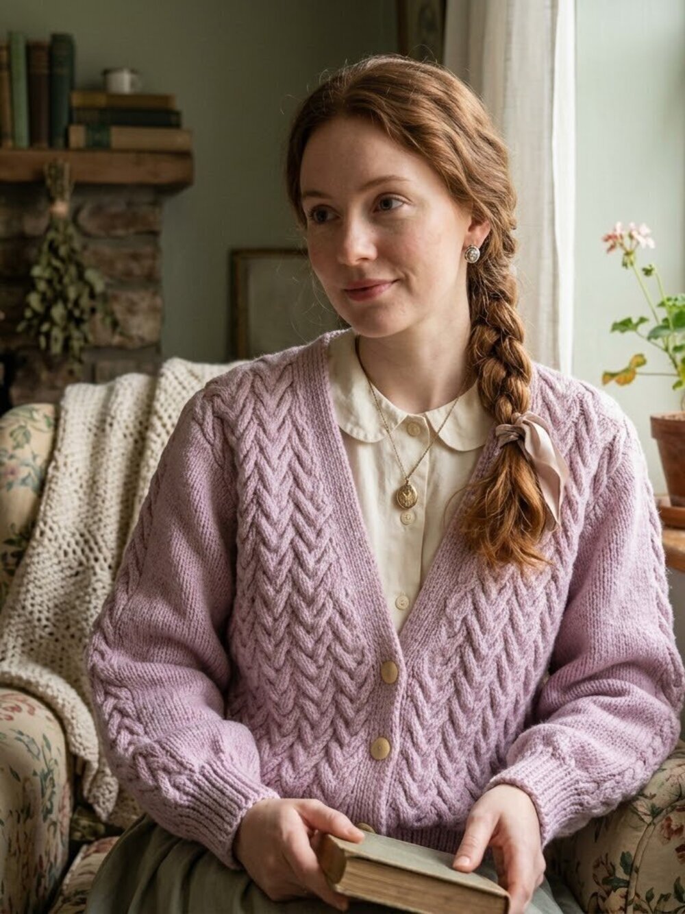 Vintage Pink Wool hand knit Cable Cardigan size Small